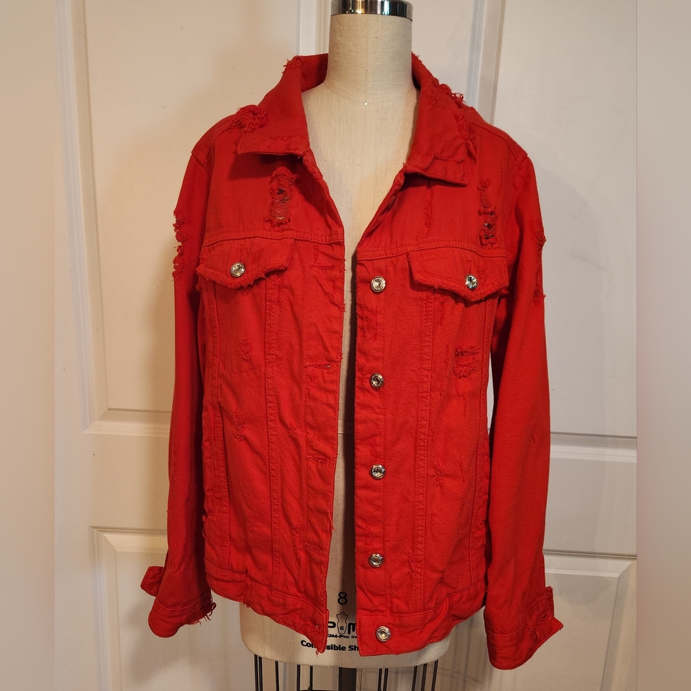 Zara Trafaluc red distressed jean jacket